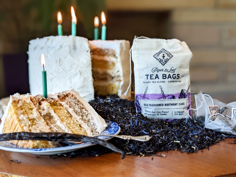 Piper and Leaf Old Fashioned Birthday Cake 9ct Tea Bags in Muslin, packaged tea bags displayed on a plain background.