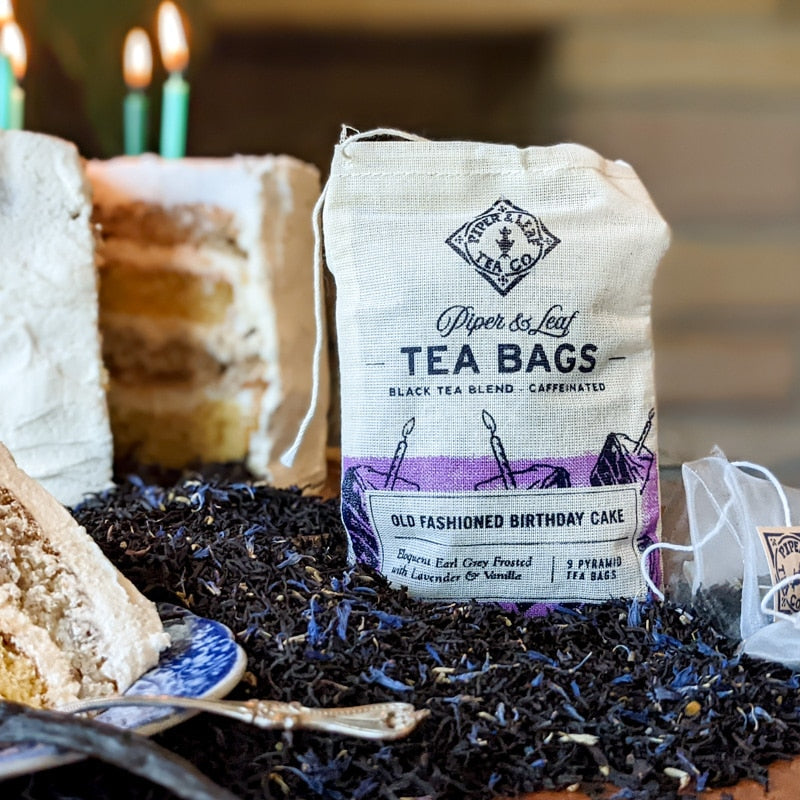 Piper and Leaf Old Fashioned Birthday Cake 9ct Tea Bags in Muslin, featuring Ceylon black tea, lavender, and bergamot in sachets.
