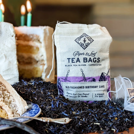 Piper and Leaf Old Fashioned Birthday Cake 9ct Tea Bags in Muslin, featuring Ceylon black tea, lavender, and bergamot in sachets.