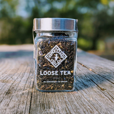 Piper and Leaf Old Fashioned Birthday Cake Glass Jar of Loose Leaf Tea - 30 Servings, showing a glass jar filled with loose leaf tea.