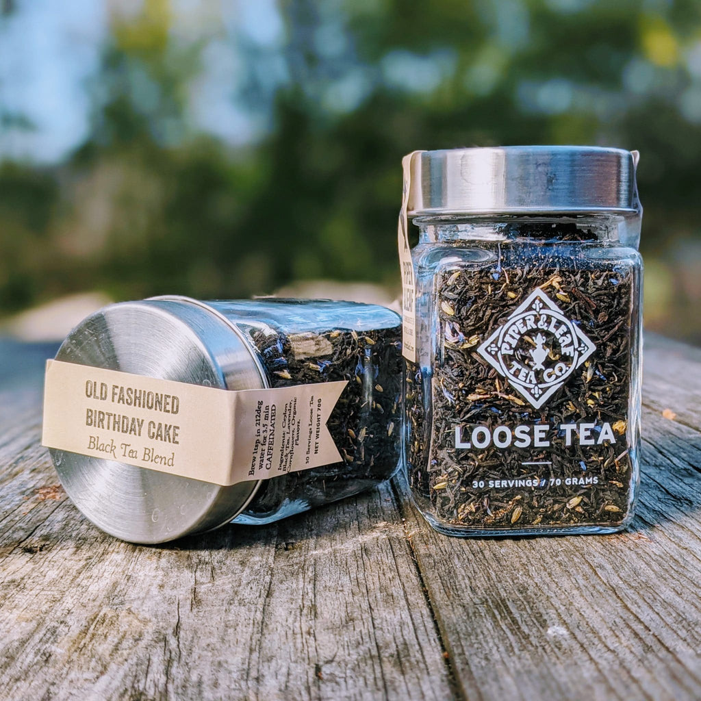 Piper and Leaf Old Fashioned Birthday Cake Glass Jar of Loose Leaf Tea, featuring 30 servings of tea in a glass jar.