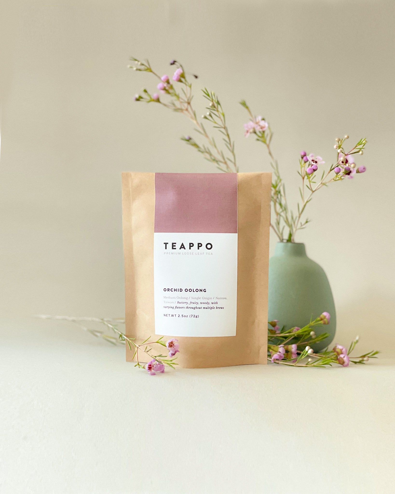 Teappo Orchid Oolong 2.5 oz package, showcasing tightly rolled semi-ball tea leaves from Nantou, Taiwan.