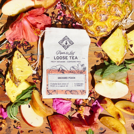 Piper and Leaf Orchard Peach Muslin Bag of Loose Leaf Tea – 15 servings of peach, hibiscus, and tropical fruit tea in muslin packaging.