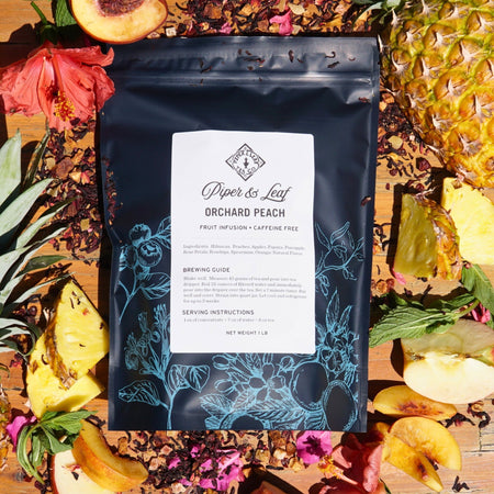 Piper and Leaf Orchard Peach Pound Bag - 190 servings, loose leaf tea with peach and floral notes, 1-pound bag shown.