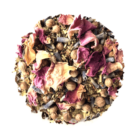 Beach House Oak Harbor Green Iced Blend, a premium organic tea shown in a teapot with green rooibos, rose petals, and lavender.