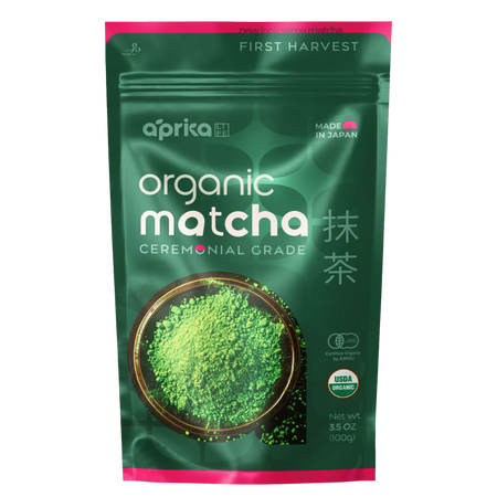 Aprika Life Organic Japanese Ceremonial Grade Matcha Green Tea Powder in a vibrant green powder form, ideal for tea and lattes.