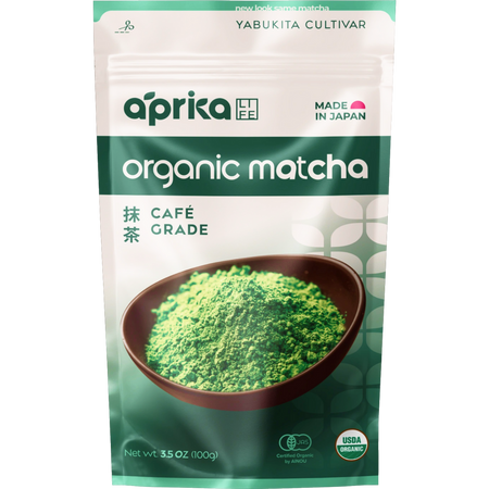 Aprika Life Organic Japanese Matcha Green Tea Powder in a package, suitable for making matcha lattes and recipes.