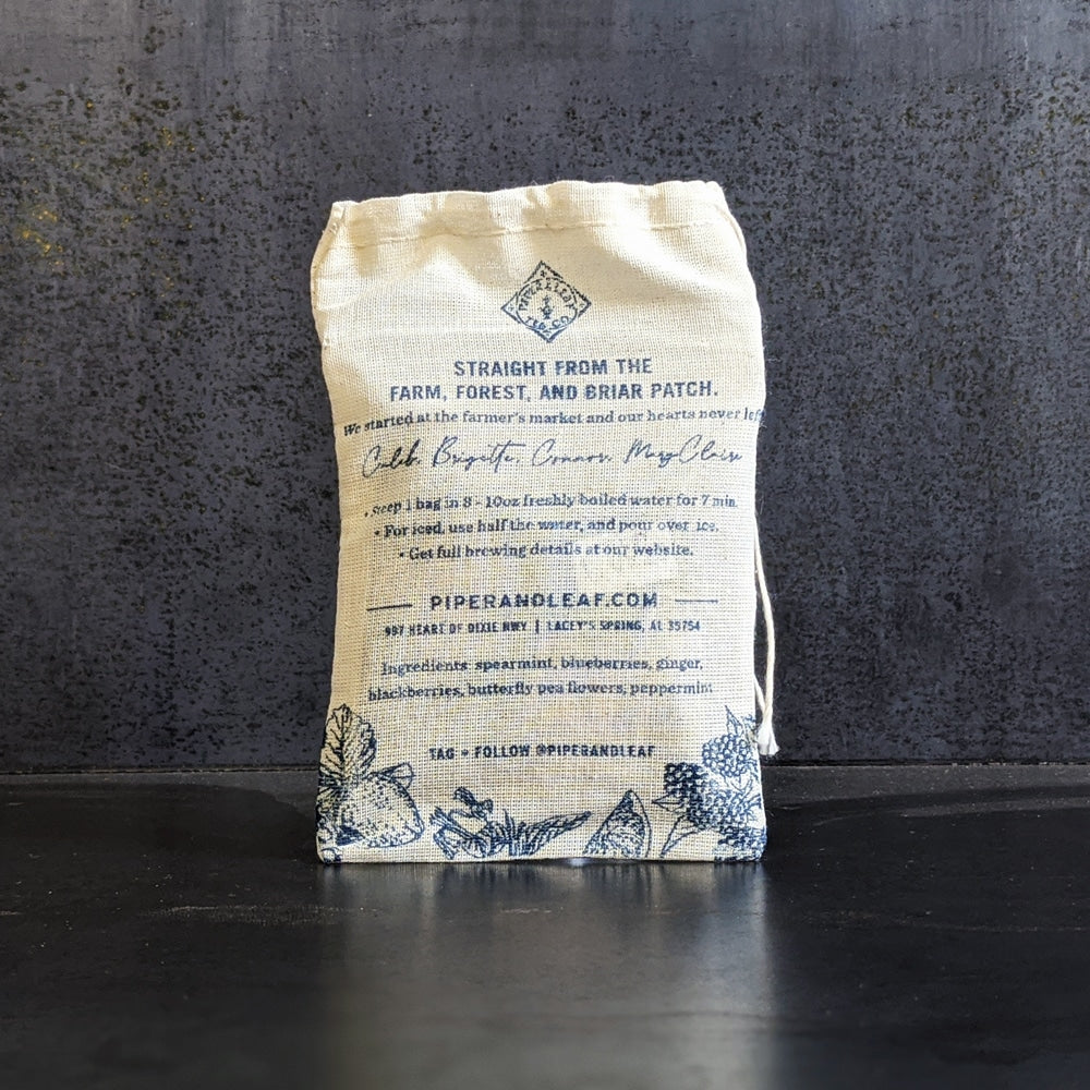 Piper and Leaf Piper Mint Blues 9ct Tea Bags in Muslin packaging displayed on a flat surface