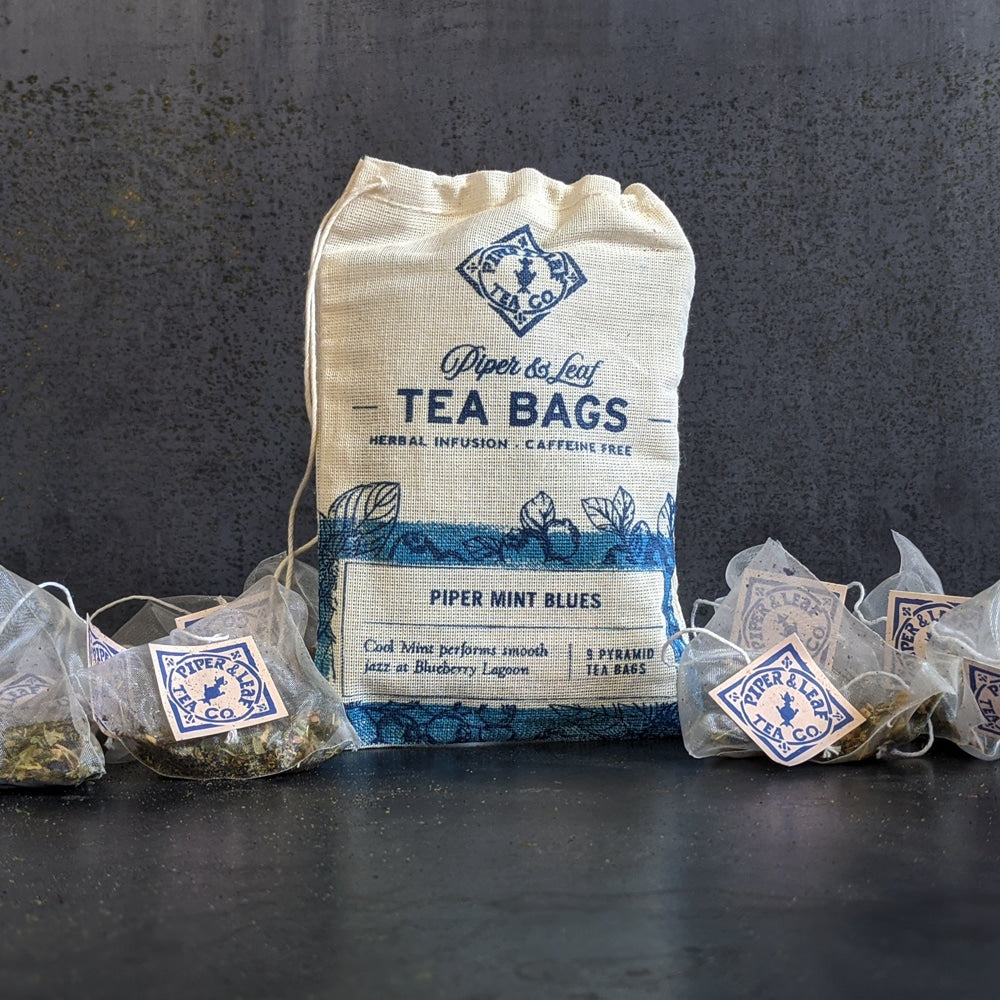 Piper and Leaf Piper Mint Blues 9ct Tea Bags in Muslin, featuring muslin sachets filled with mint tea, by Piper and Leaf.