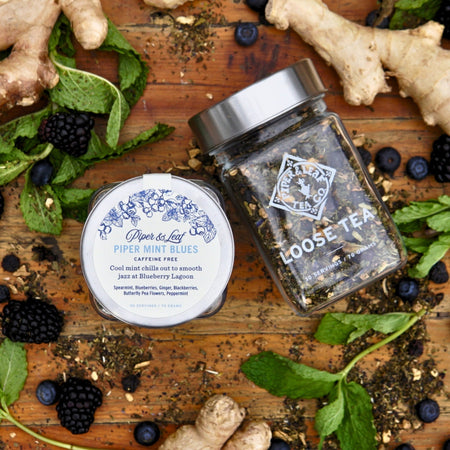 Piper and Leaf Piper Mint Blues Glass Jar of Loose Leaf Tea, featuring spearmint, blueberries, and ginger, 30 servings.