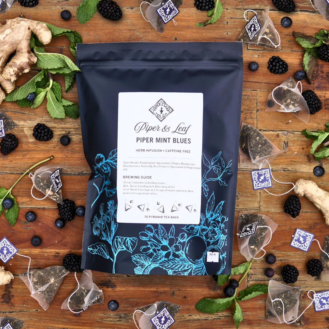 Piper and Leaf Piper Mint Blues Bulk Sachets - 70ct Tea Bags, showing 70 tea bags with spearmint and berry ingredients in a sealed bag.