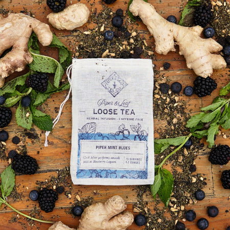 Piper and Leaf Piper Mint Blues Muslin Bag of Loose Leaf Tea - 15 Servings, featuring mint-infused tea in a hand-printed muslin bag.