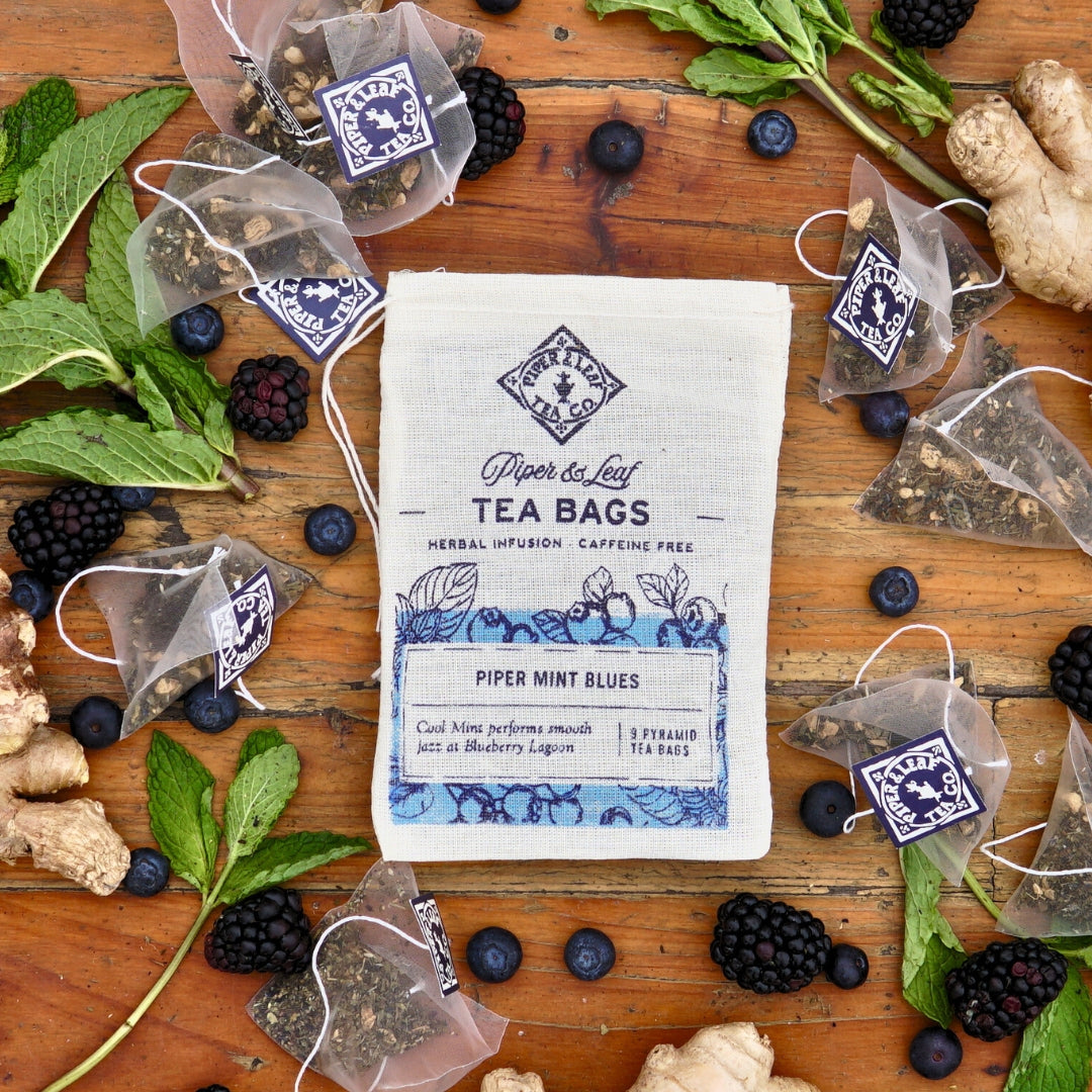 Piper and Leaf Piper Mint Blues 9ct Tea Bags in Muslin, featuring spearmint and berry blend in hand-printed muslin bags.