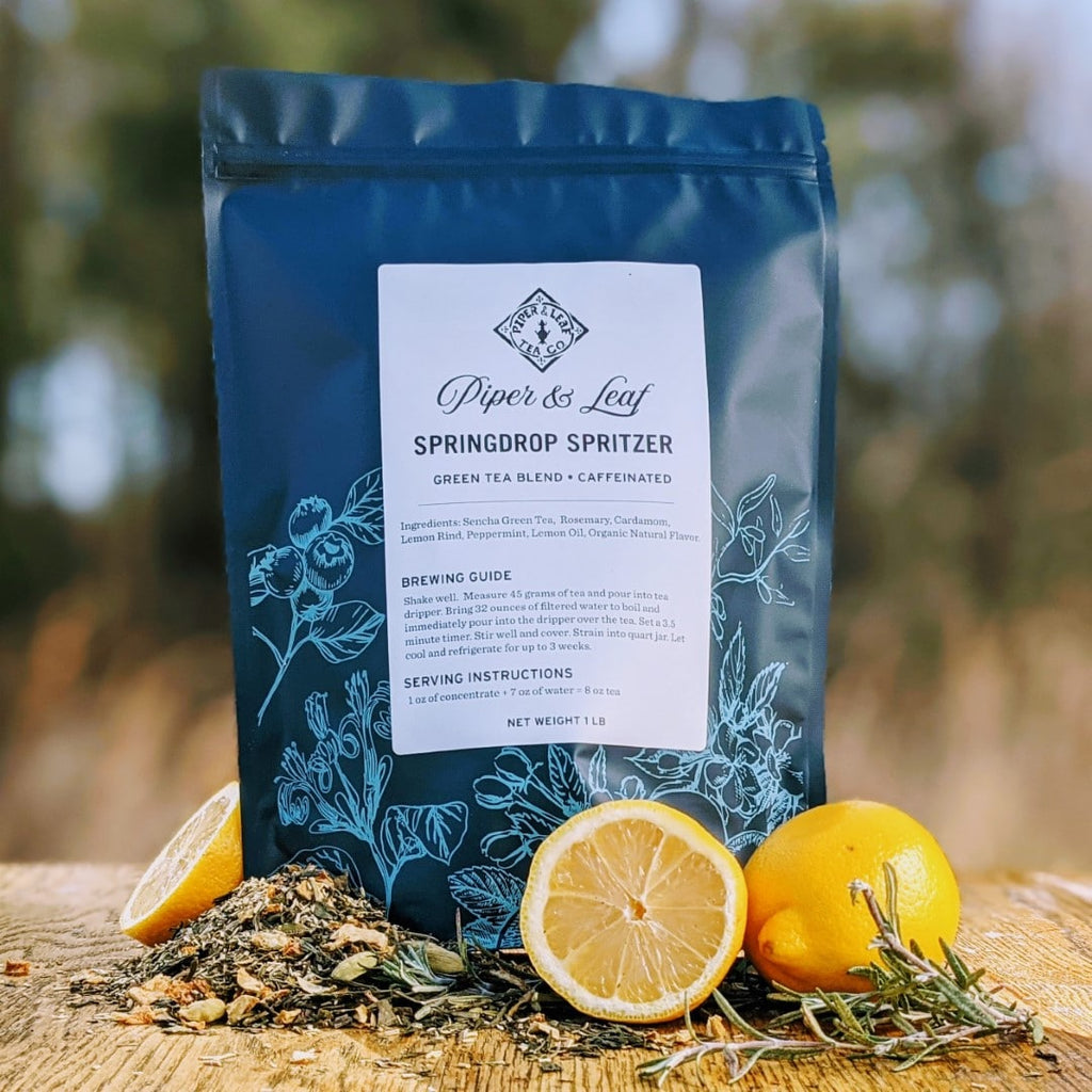 Piper and Leaf Springdrop Spritzer Pound Bag - 190 servings, a 1-pound bag of loose leaf green tea with cardamom and rosemary.