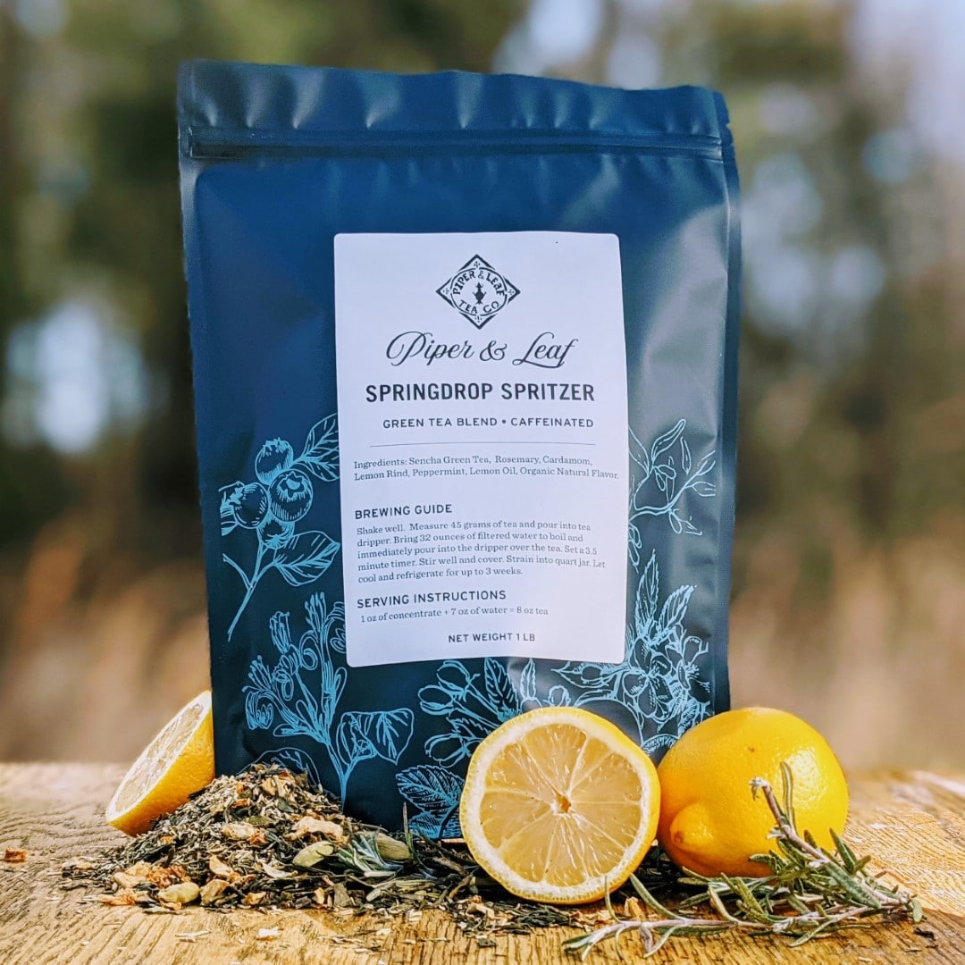 Piper and Leaf Springdrop Spritzer Pound Bag - 190 servings, a 1-pound bag of loose leaf green tea with cardamom and rosemary.