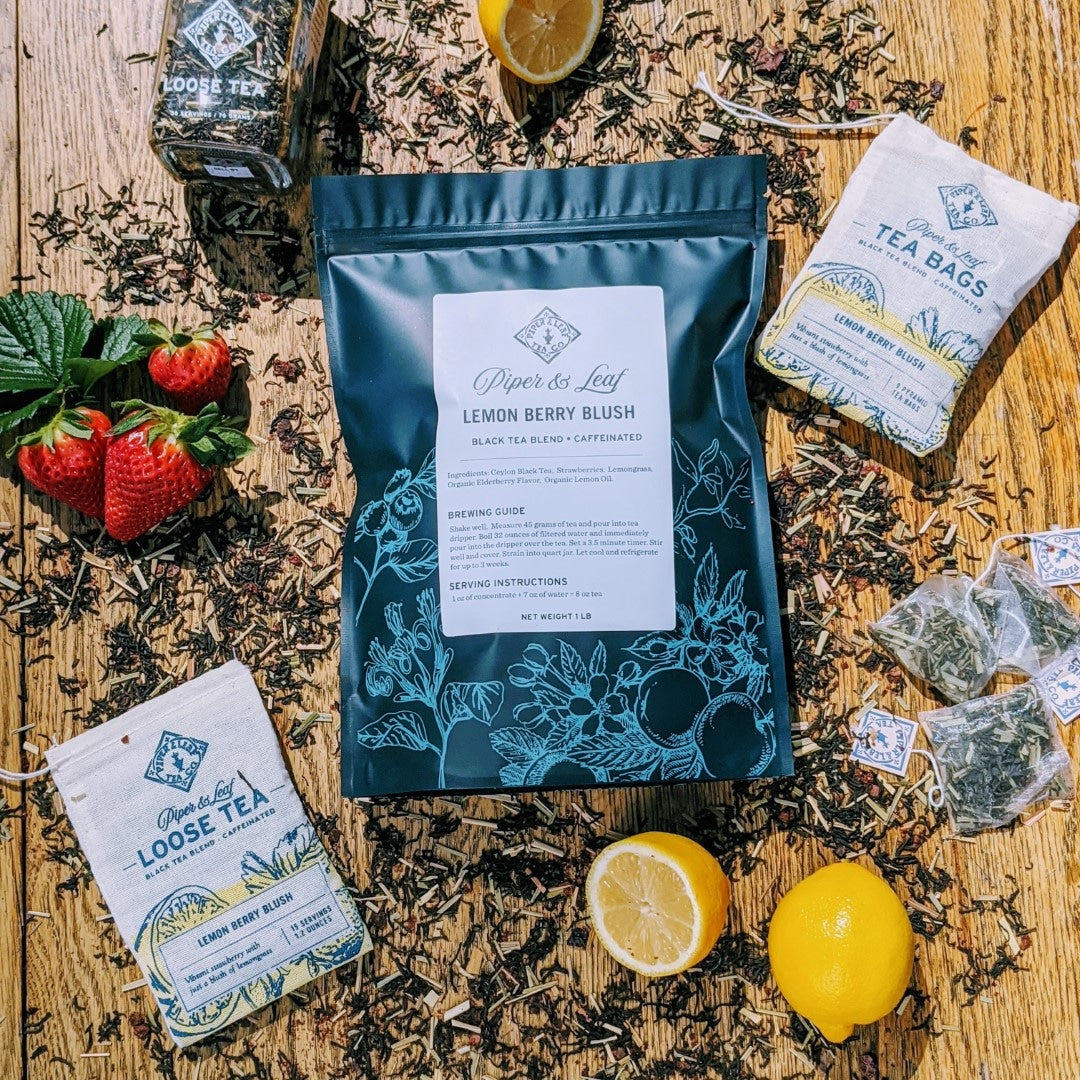 Piper and Leaf Lemon Berry Blush Bulk Sachets - 70ct Tea Bags, featuring tea bags with a blend of strawberry and lemongrass.
