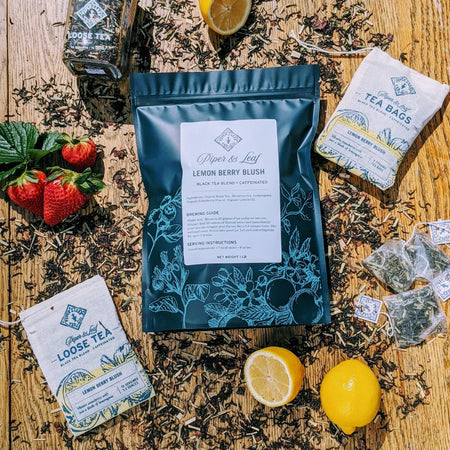 Piper and Leaf Lemon Berry Blush Bulk Sachets - 70ct Tea Bags, featuring tea bags with a blend of strawberry and lemongrass.