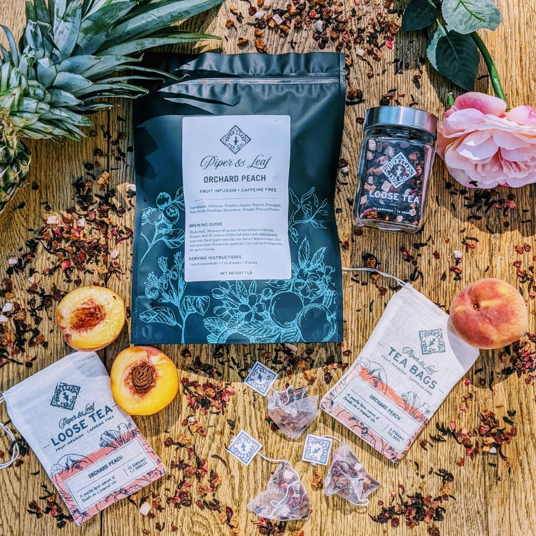 Piper and Leaf Orchard Peach Bulk Sachets - 70ct Tea Bags in packaging, displayed in a portrait orientation.