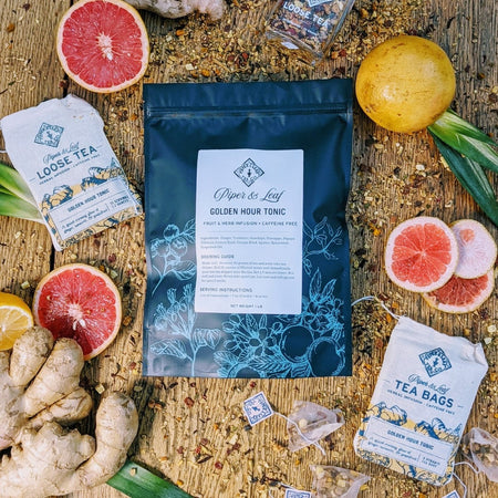 Piper and Leaf Golden Hour Tonic Bulk Sachets - 70ct Tea Bags, featuring packaging of ginger, turmeric, grapefruit, and pineapple tea.
