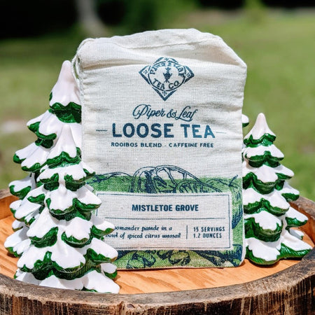 Piper and Leaf Mistletoe Grove Muslin Bag of Loose Leaf Tea - 15 Servings in hand-printed muslin, showing vibrant tea blend ingredients.