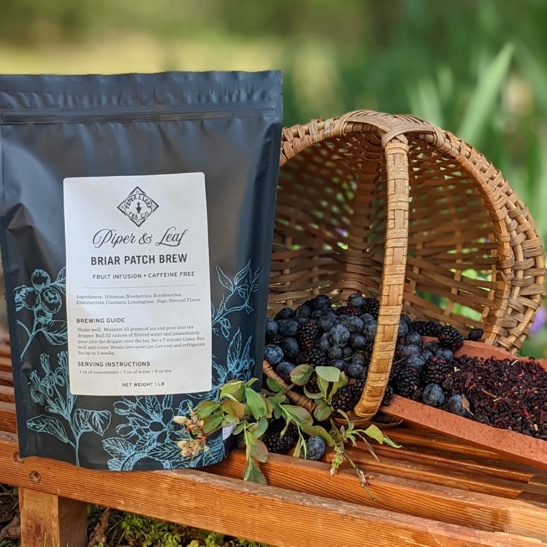 Piper and Leaf Briar Patch Brew Pound Bag - 190 servings, loose leaf tea bag with berry ingredients, suitable for iced brewing.
