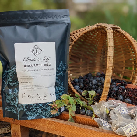 Piper and Leaf Briar Patch Brew Bulk Sachets - 70ct Tea Bags, shown in a sealed bag, featuring hibiscus and berry ingredients.