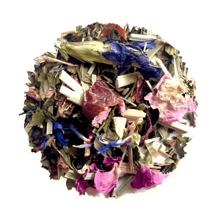 Beach House Pacific Blue herbal tea blend featuring a striking blue color from Butterfly Pea Flower, with peppermint and lemongrass notes.