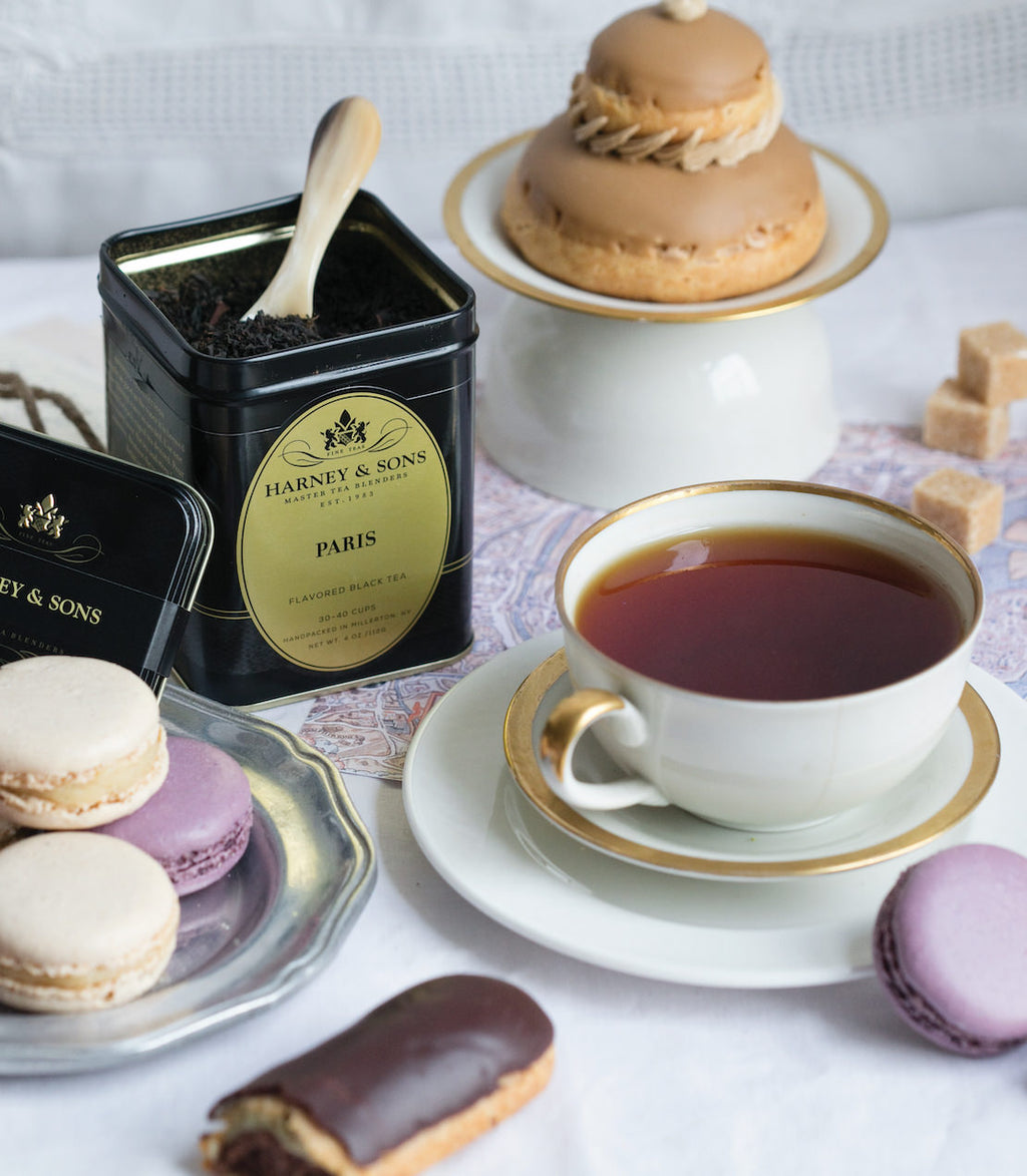 Harney & Sons Paris tea blend in a decorative tin, featuring a floral design and elegant packaging