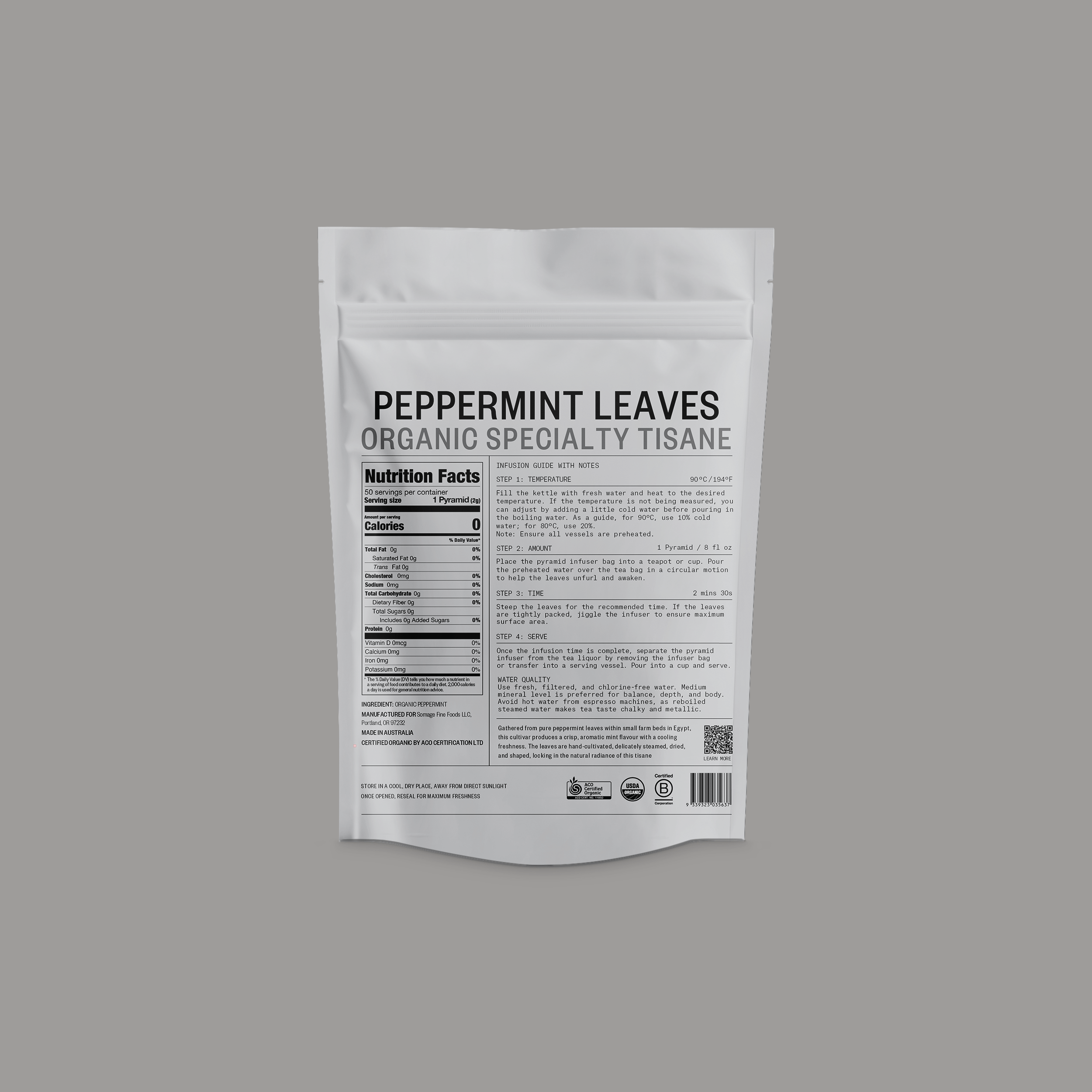 Peppermint Pyramid Bags by Somage USA, featuring pyramid-shaped tea bags with peppermint leaves in a clear packaging.
