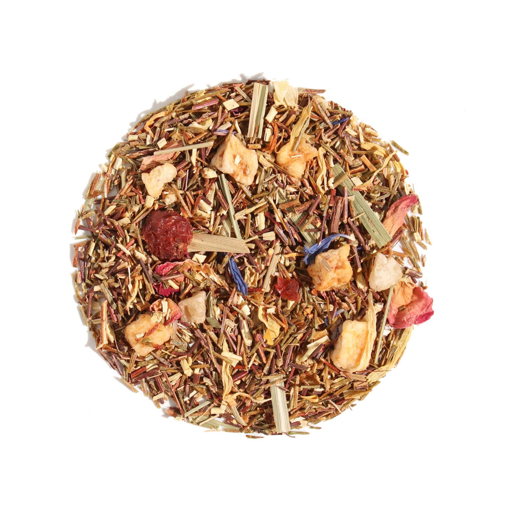 Plum Deluxe Pineapple Pop Herbal Tea in a circular packaging, featuring pineapple, mango, and apple pieces.