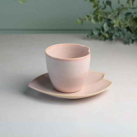 Aprika Life Pink LOVE Ceramic Tea Cup with Saucer, handcrafted ceramic tea cup and saucer set, ideal for tea drinking.