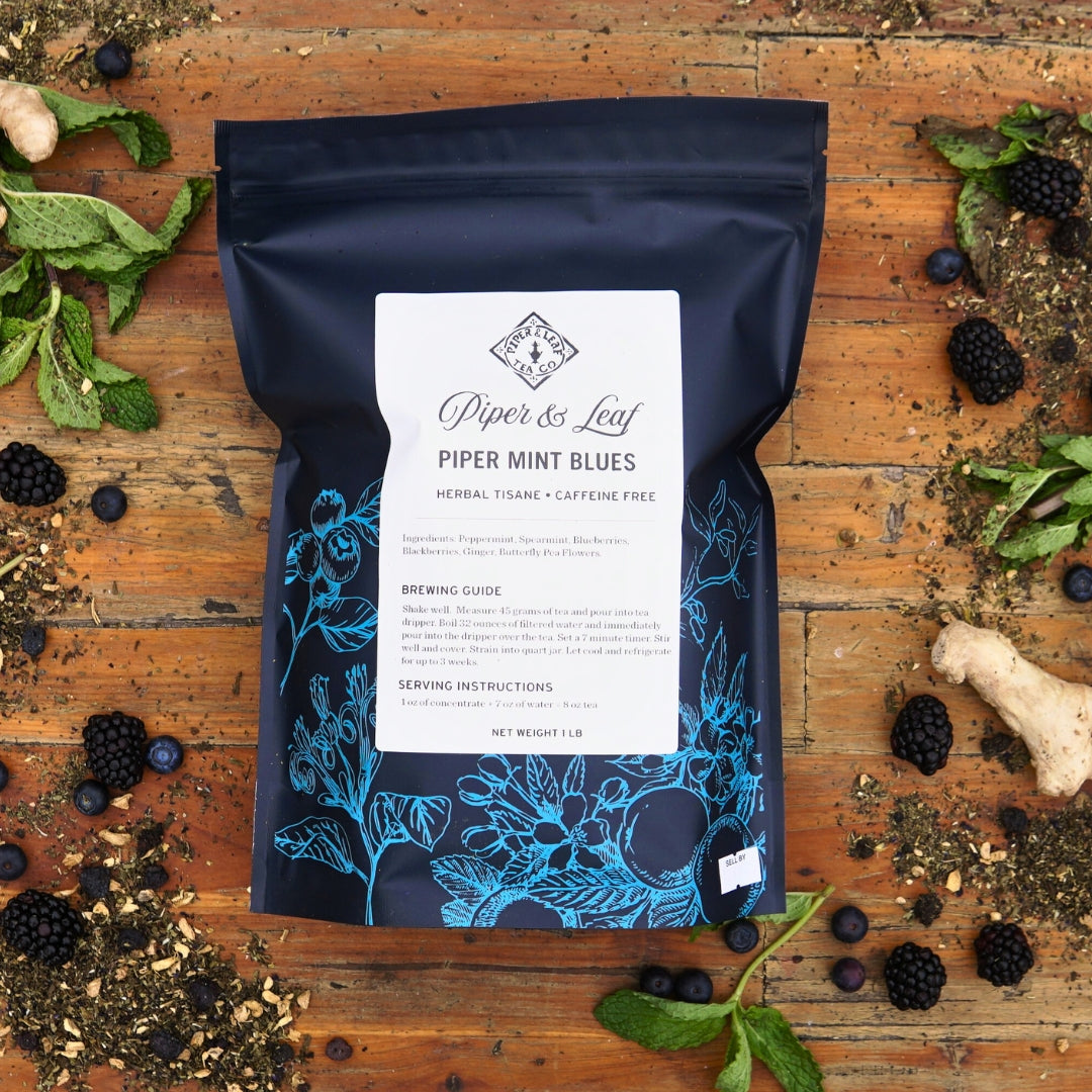 Piper and Leaf Piper Mint Blues Pound Bag - 190 servings, loose leaf tea with spearmint, blueberries, and ginger in a 1-pound package.