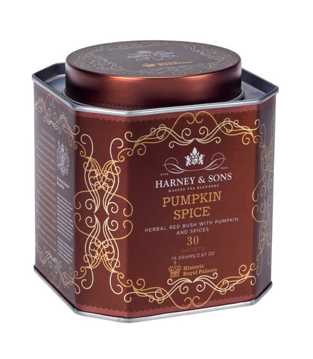 Harney & Sons Pumpkin Spice, HRP Tin of 30 Sachets, featuring herbal tea sachets in a decorative tin, perfect for autumn.