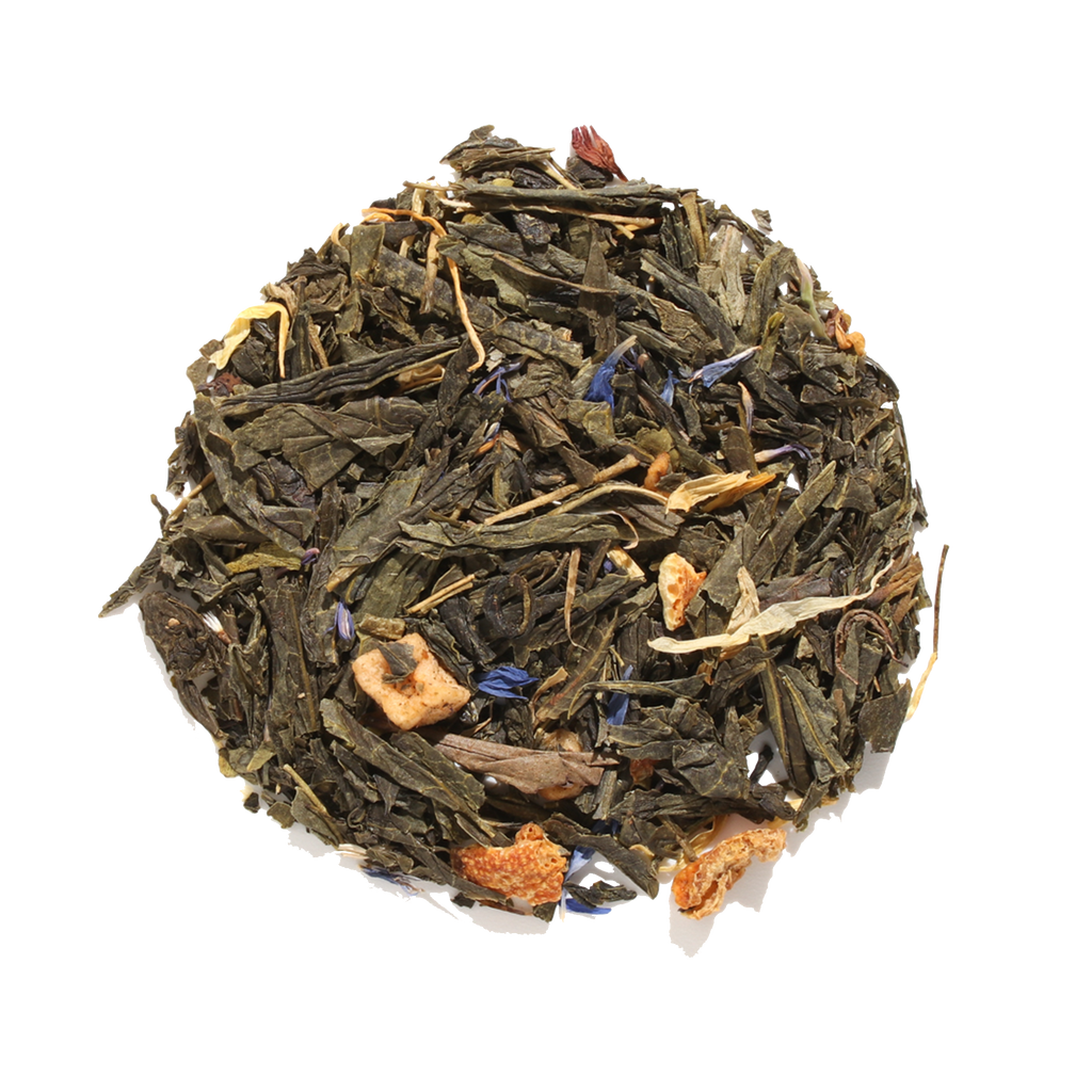 Plum Deluxe Queen's Blend Green Tea (Lemon Crème Earl Grey) in a circular package, showcasing green tea and fruit ingredients.