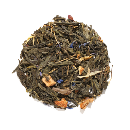 Plum Deluxe Queen's Blend Green Tea (Lemon Crème Earl Grey) in a circular package, showcasing green tea and fruit ingredients.