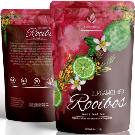 Gardenika Earl Grey Rooibos Red Tea, Loose Leaf, USDA Organic, Kosher, Caffeine-Free – 4 Oz (113g) in a packaging display.