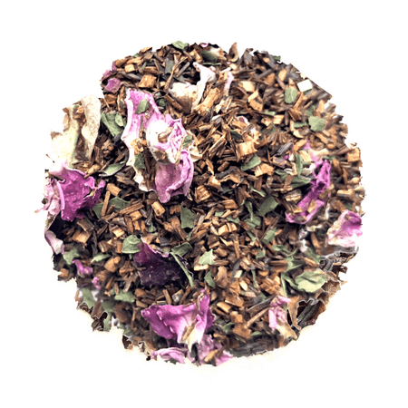 Beach House Rose City Rooibos organic loose leaf tea, featuring red rooibos, rose petals, and peppermint in a clear bag.