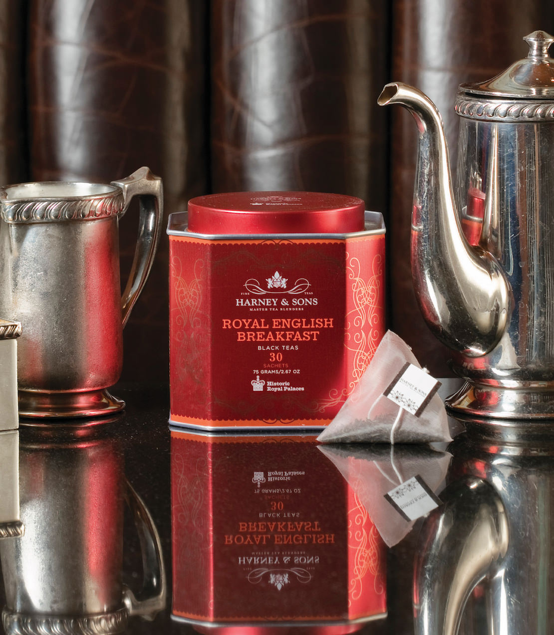 Harney & Sons Royal English Breakfast, HRP Tin of 30 Sachets, displayed in a mood setting with the tin prominently featured.
