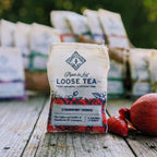 Piper and Leaf Strawberry Shindig Muslin Bag of Loose Leaf Tea - 15 Servings in hand-printed muslin bag with tea leaves visible.