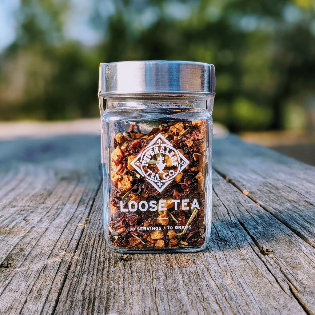 Piper and Leaf Strawberry Shindig Glass Jar of Loose Leaf Tea - 30 Servings, showing a clear jar filled with loose leaf tea ingredients.