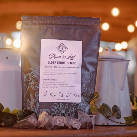 Piper and Leaf Elderberry Elixir Bulk Sachets - 70ct Tea Bags, a bag of immune-boosting herbal tea sachets displayed.