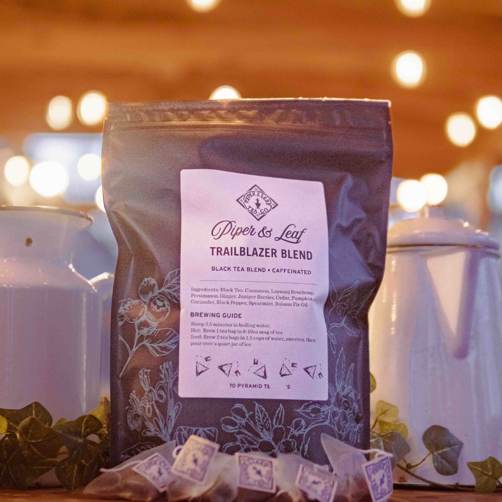 Piper and Leaf Trailblazer Blend Bulk Sachets - 70ct Tea Bags, featuring a bag of tea sachets with a deep, smoky, spiced blend.