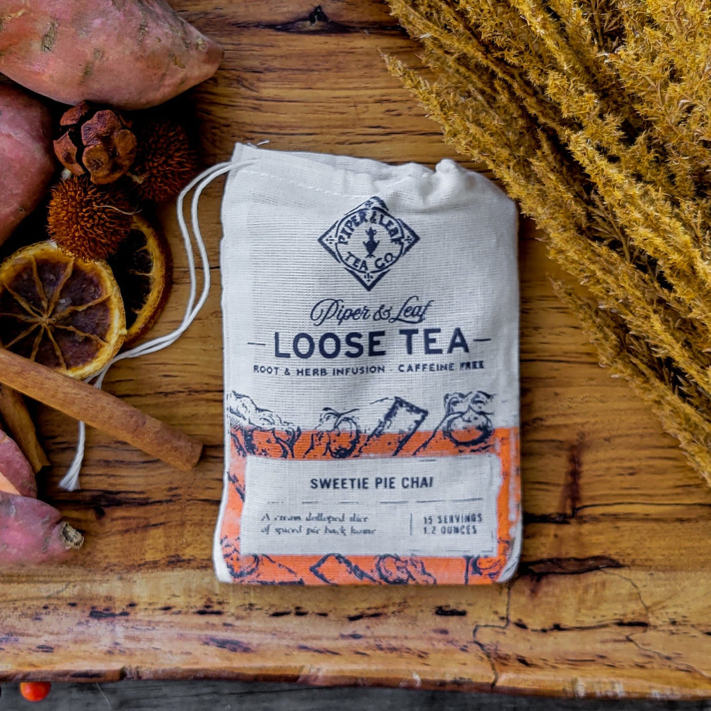 Piper and Leaf Sweetie Pie Chai Muslin Bag of Loose Leaf Tea - 15 Servings, showing a hand-printed muslin bag with tea.
