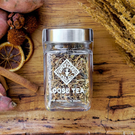 Piper and Leaf Sweetie Pie Chai Glass Jar of Loose Leaf Tea - 30 Servings, showing the jar filled with loose leaf tea blend.