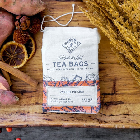 Piper and Leaf Sweetie Pie Chai 9ct Tea Bags in Muslin, featuring pyramid sachets of sweet potato and warm spices.