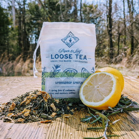 Piper and Leaf Springdrop Spritzer Muslin Bag of Loose Leaf Tea - 15 Servings, showing the hand-printed muslin packaging and ingredients.