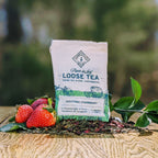 Piper and Leaf Sassyfras Strawberry Muslin Bag of Loose Leaf Tea - 15 Servings, showing ingredients and packaging details.