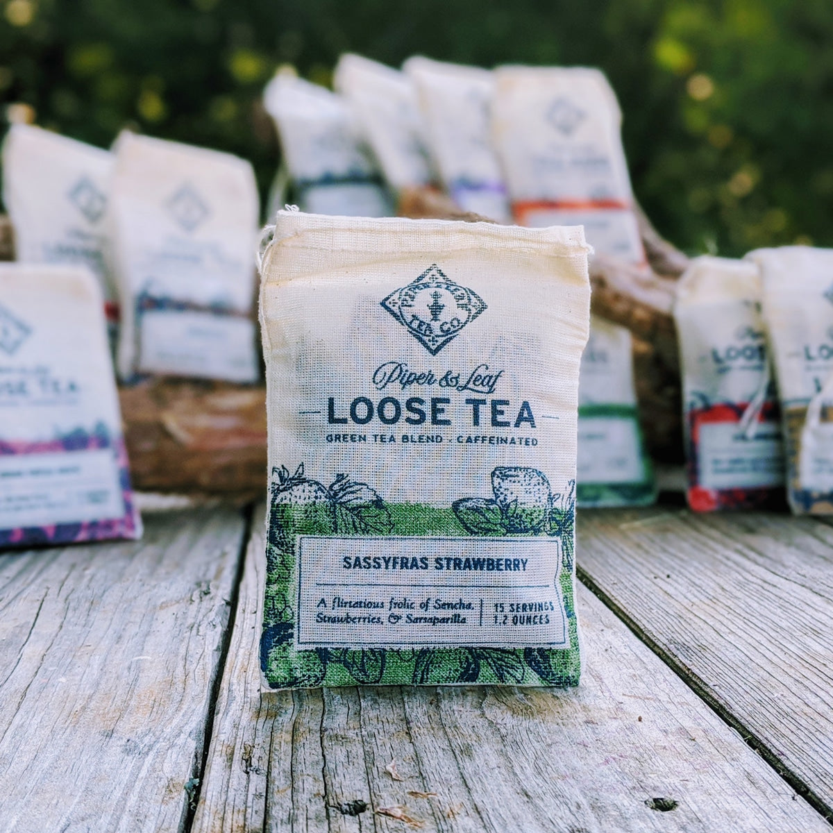Piper and Leaf Sassyfras Strawberry Muslin Bag of Loose Leaf Tea - 15 Servings in a muslin bag with colorful packaging.
