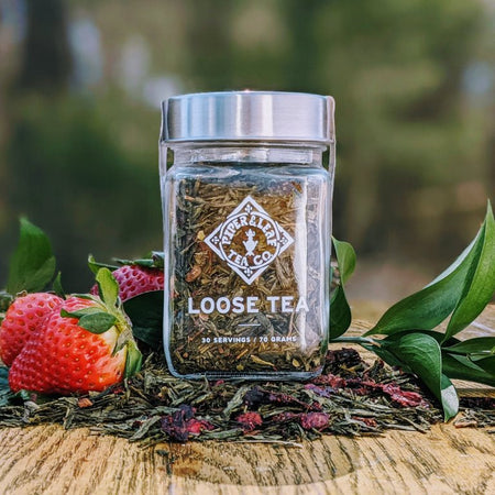 Piper and Leaf Sassyfras Strawberry Glass Jar of Loose Leaf Tea containing 70 grams of Sencha, strawberries, and sarsaparilla.