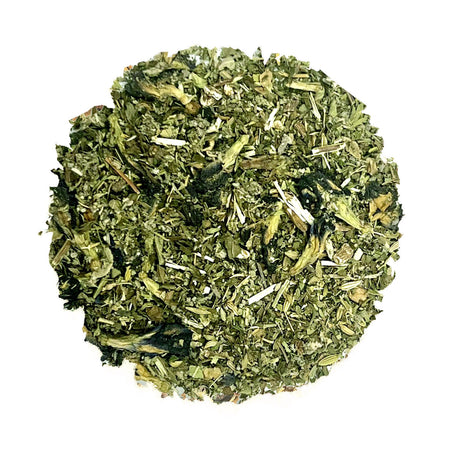 Beach House Sandy Sage loose-leaf tea blend featuring organic ingredients in a packaging display
